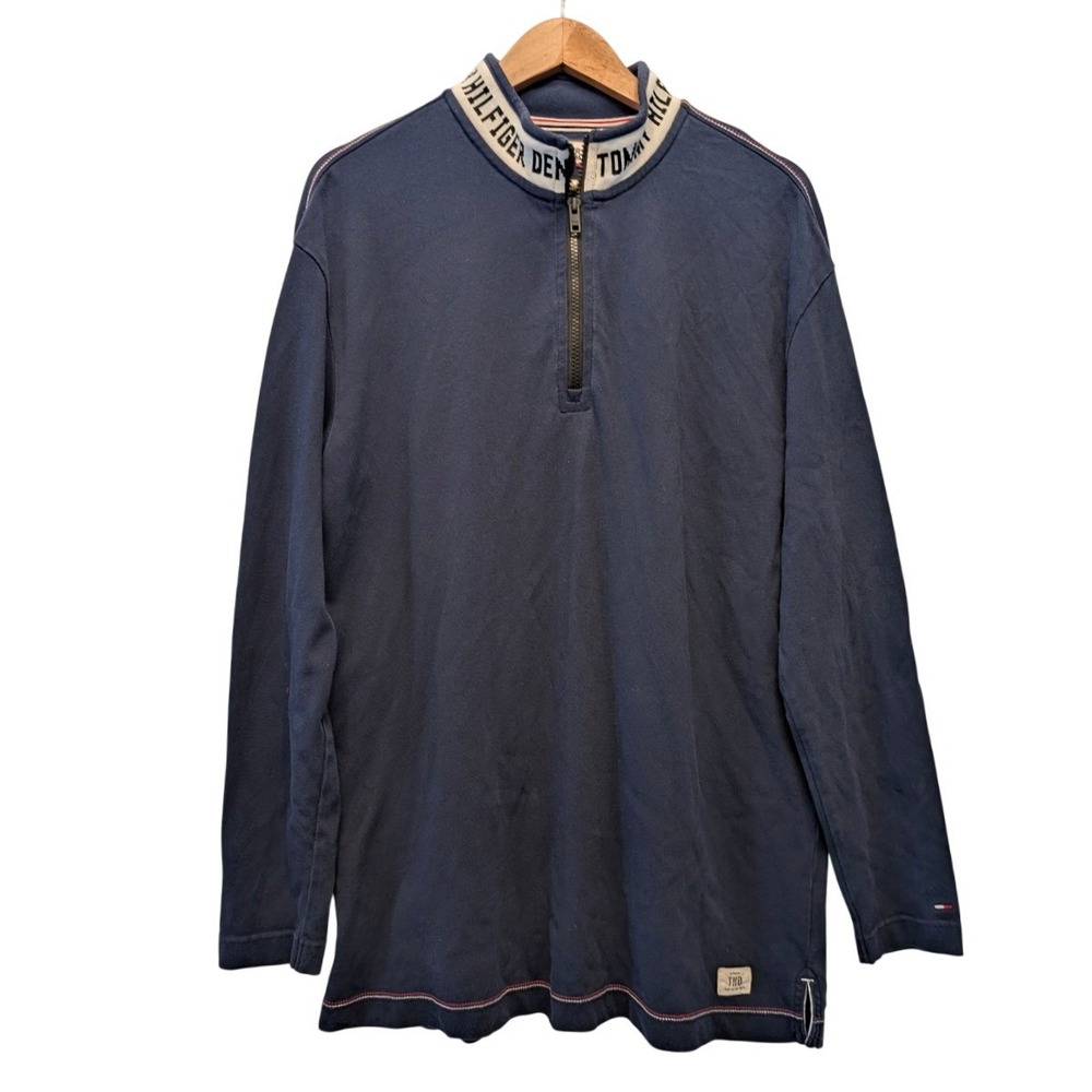 Tommy Hilfiger Denim Mens Navy Blue Logo Collar Quarter Zip Pullover Size M